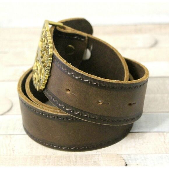 BROWN GENUINE LEATHER HOOK BUCKLE EMBOSSED CASUAL 1.5"Wd WOMEN'S BELT S/M (M37 - Picture 2 of 9